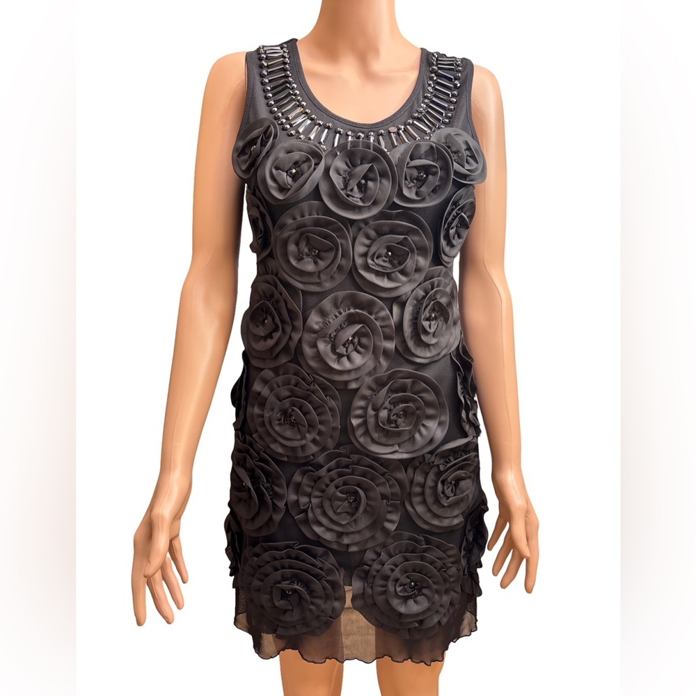 Elegant Black Floral Sleeveless Embellished Dress Medium